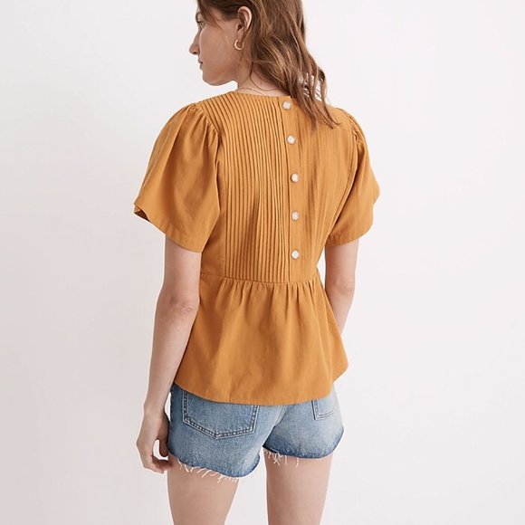 Madewell Pleated Flutter-Sleeve Top peplum hem gold NWT Medium - Picture 2 of 4